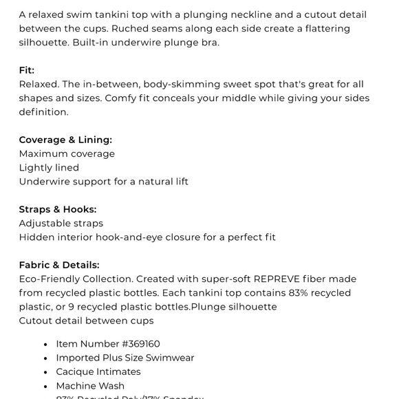 Lane Bryant / Cacique - Sz 44H Relaxed Fit Underwire Tankini Top - Picture 5 of 5